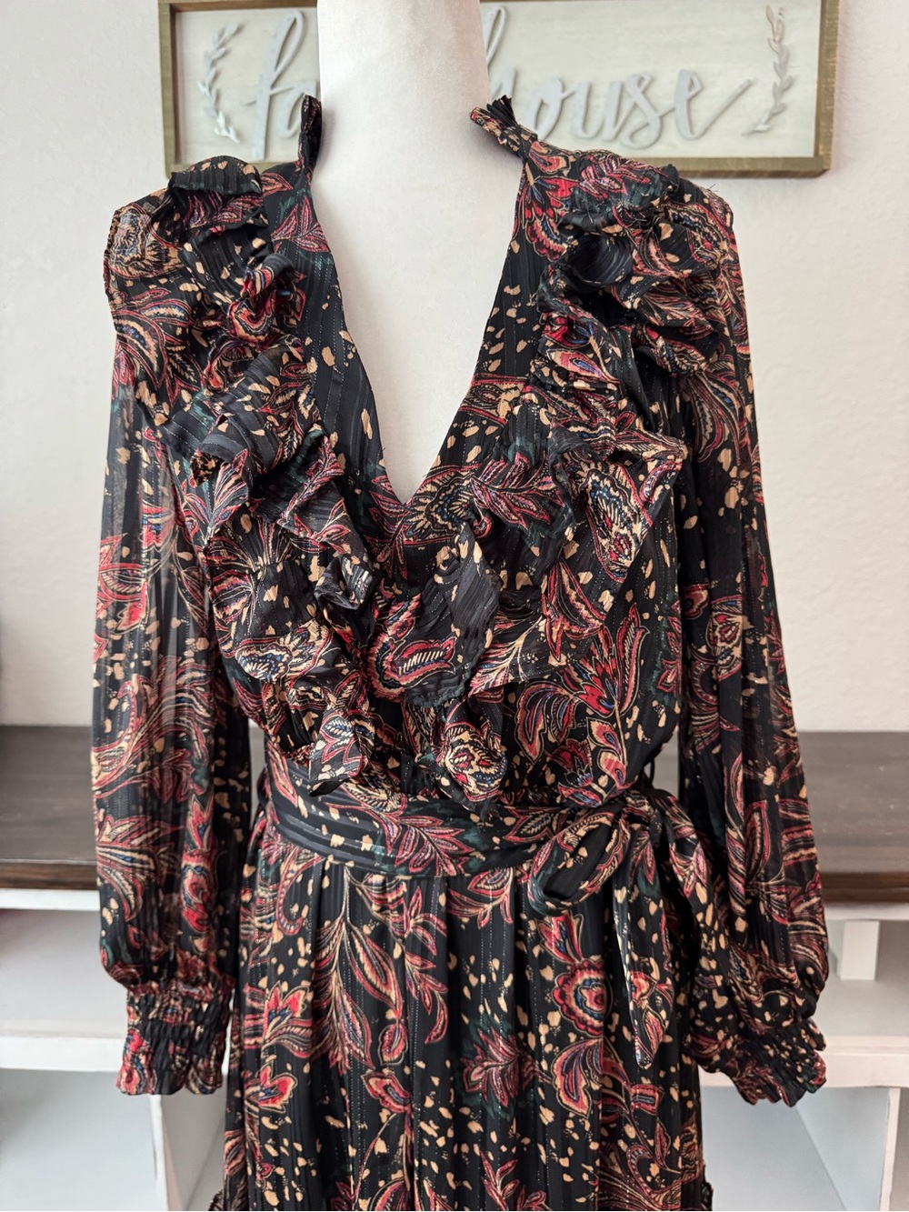 MANGO MNG Paisley Printed Maxi Dress Belted Women's Size 6 8 - Picture 5 of 8